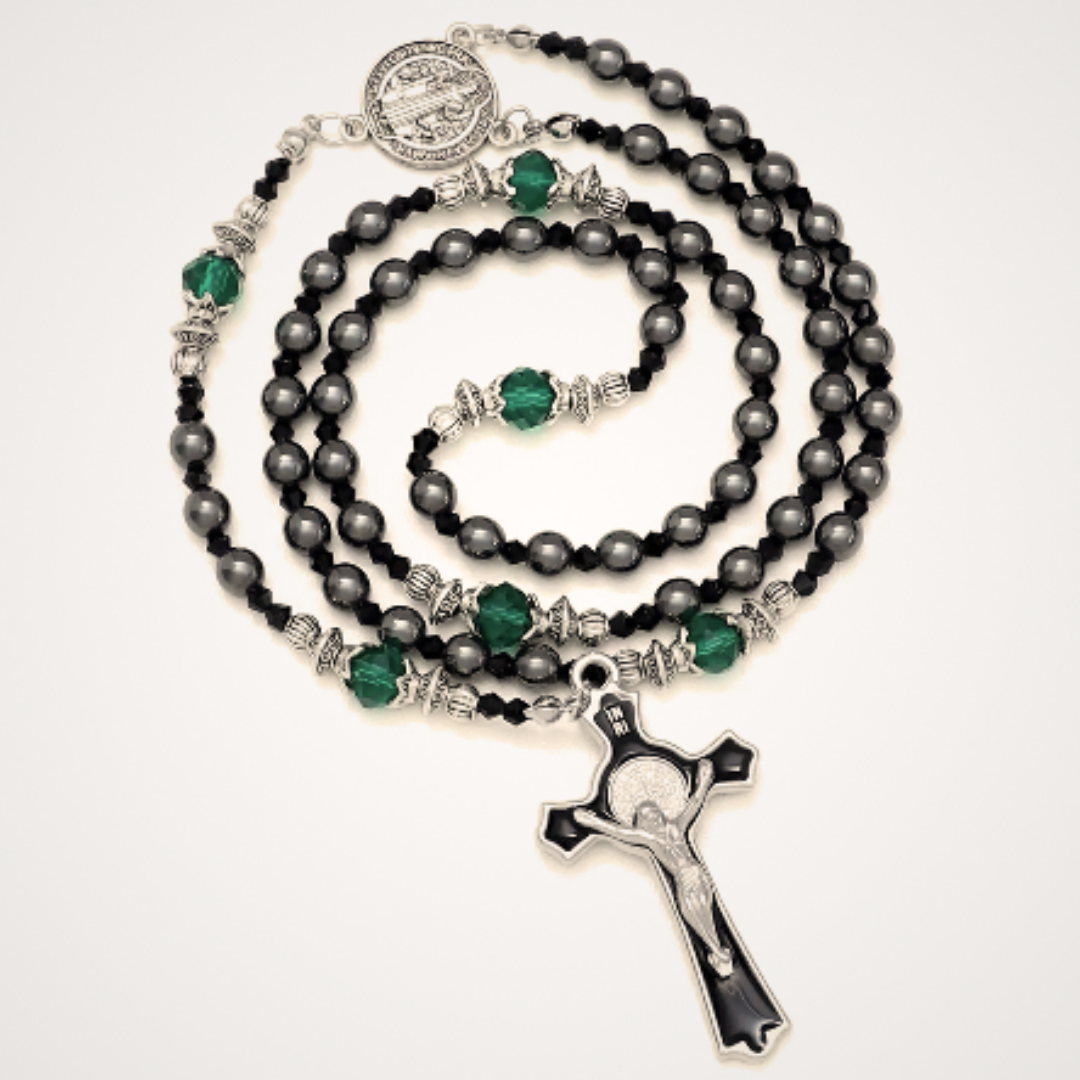 The "Vigilant Heart" Rosary | St. Benedict & Black Pearlized Beads with Emerald Accents