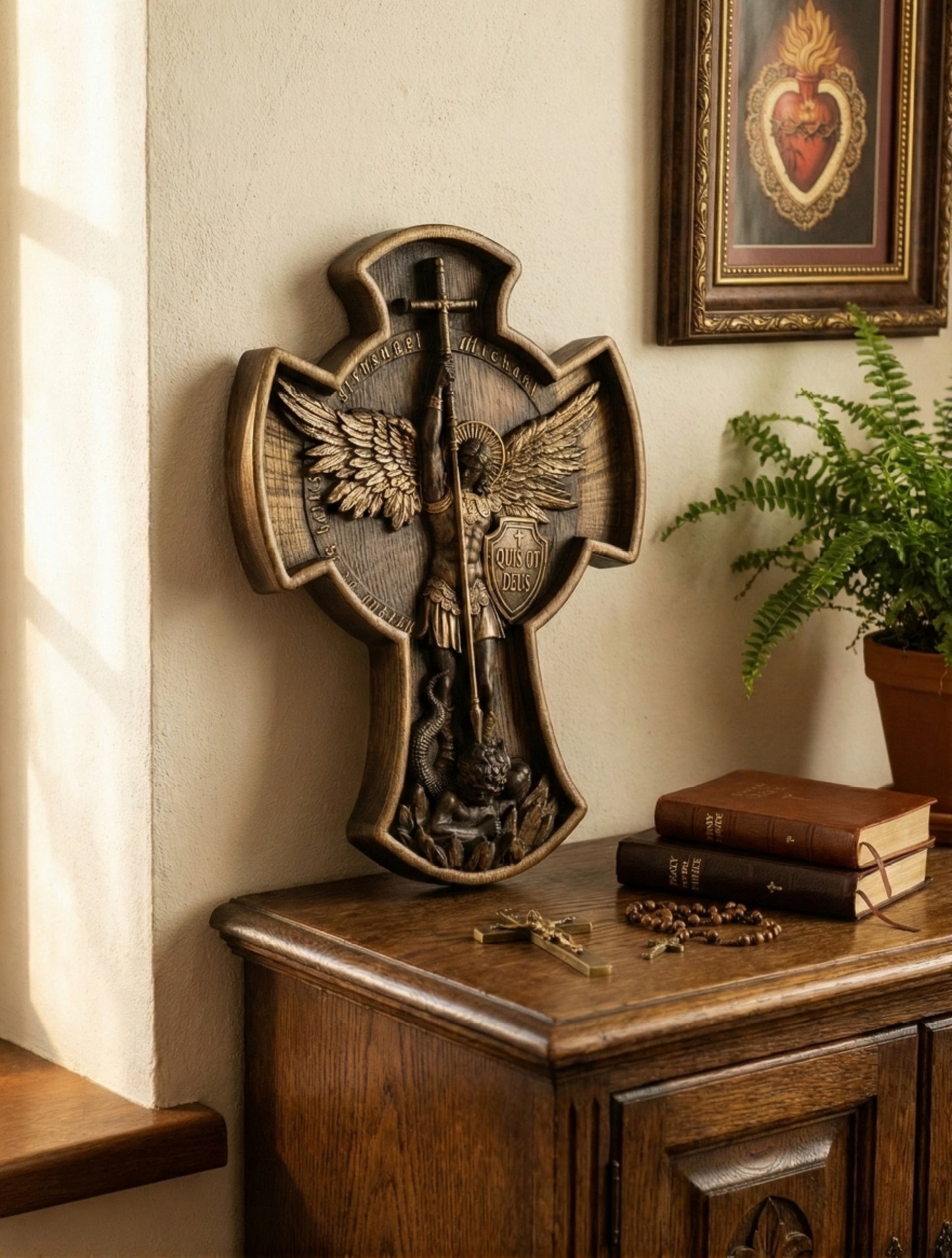 The "Defender's Cross" | St. Michael Archangel Wood-Tone Wall Plaque (9.8")