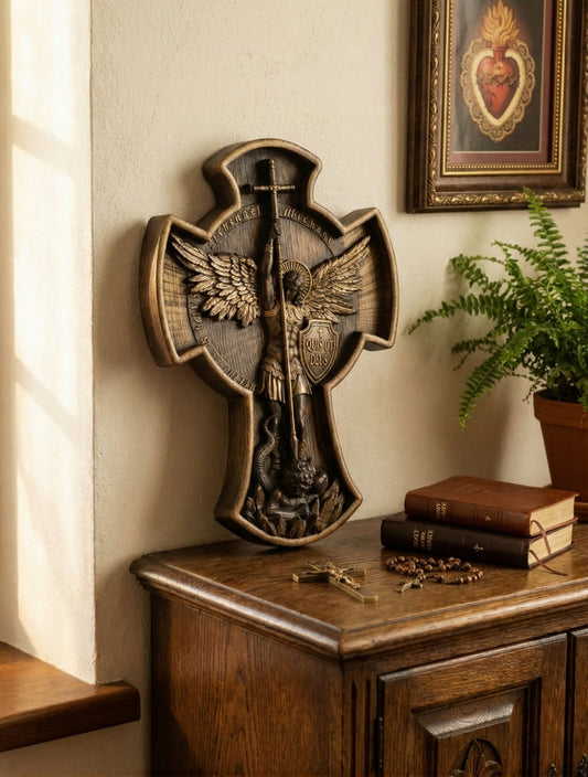 The "Defender's Cross" | St. Michael Archangel Wood-Tone Wall Plaque (9.8")