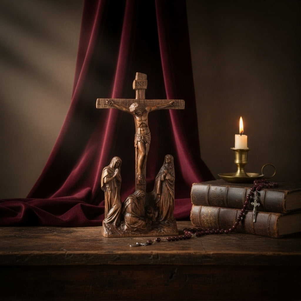 The Calvary Passion Scene | A 10-Inch Wooden Crucifix & Saintly Vigil