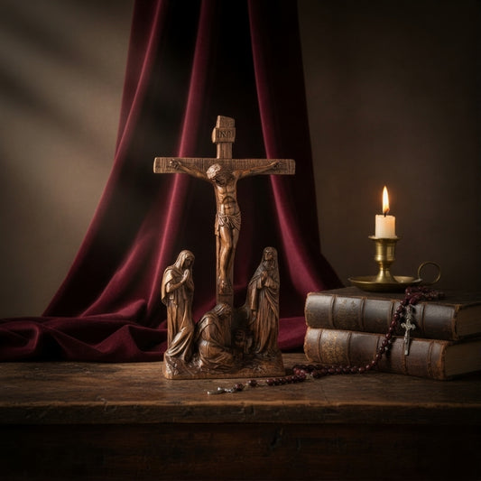 The Calvary Passion Scene | A 10-Inch Wooden Crucifix & Saintly Vigil