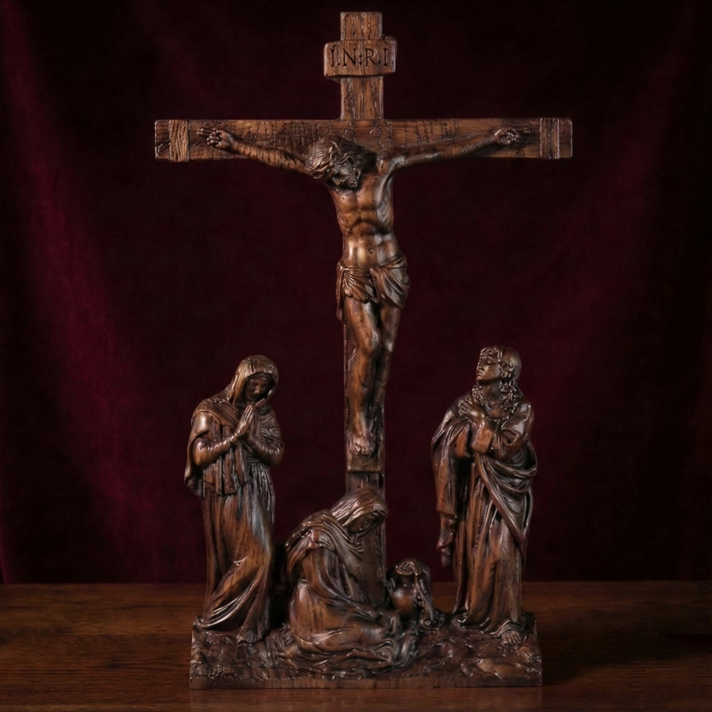 The Calvary Passion Scene | A 10-Inch Wooden Crucifix & Saintly Vigil