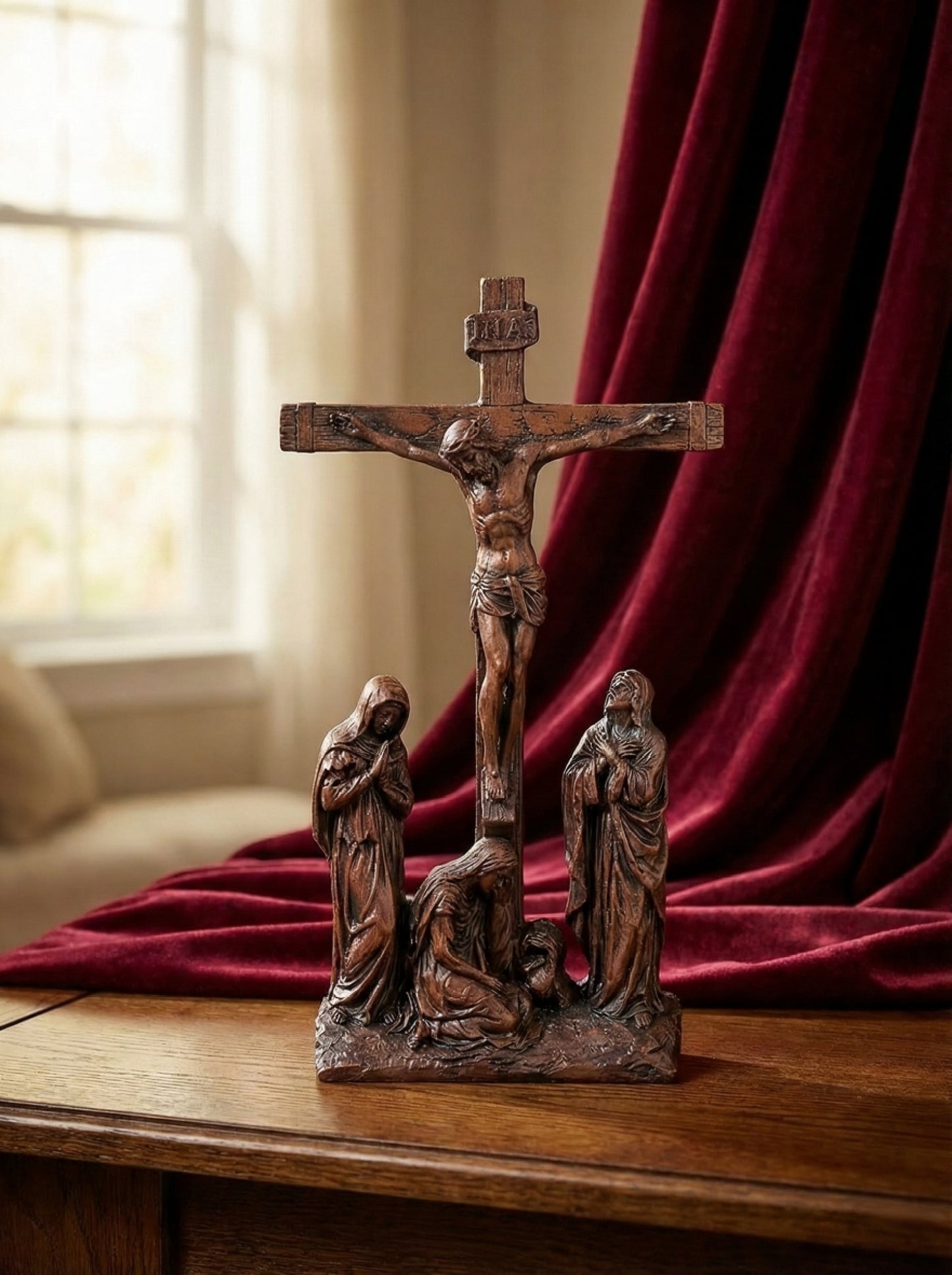 The Calvary Passion Scene | A 10-Inch Wooden Crucifix & Saintly Vigil