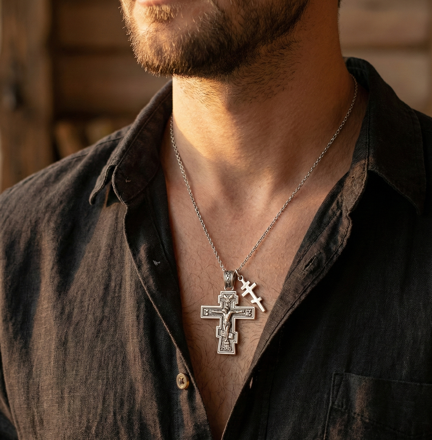 The Slavonic Three-Bar Crucifix | Sterling Silver Eastern Catholic Pendant