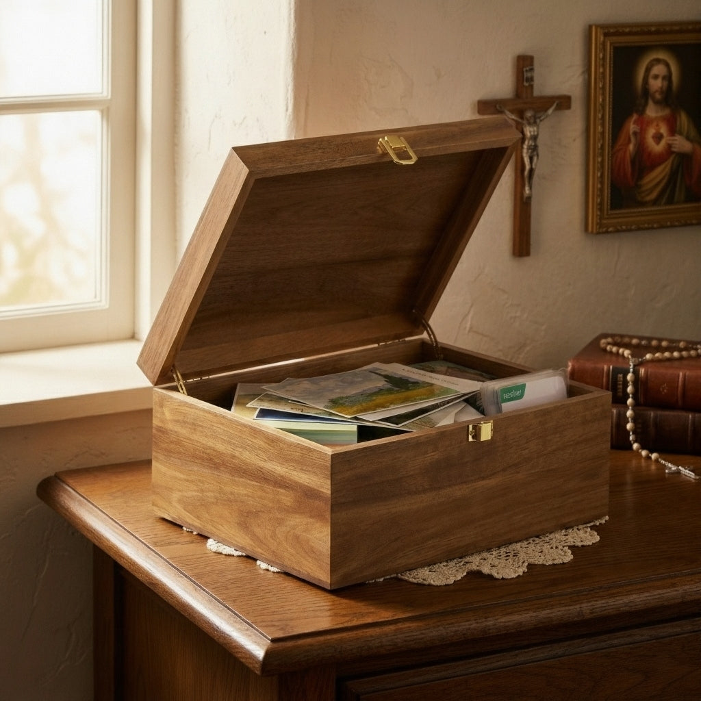 The "Mater Dei" Acacia Wood Memory Box | Heirloom Sacred Keepsake Chest