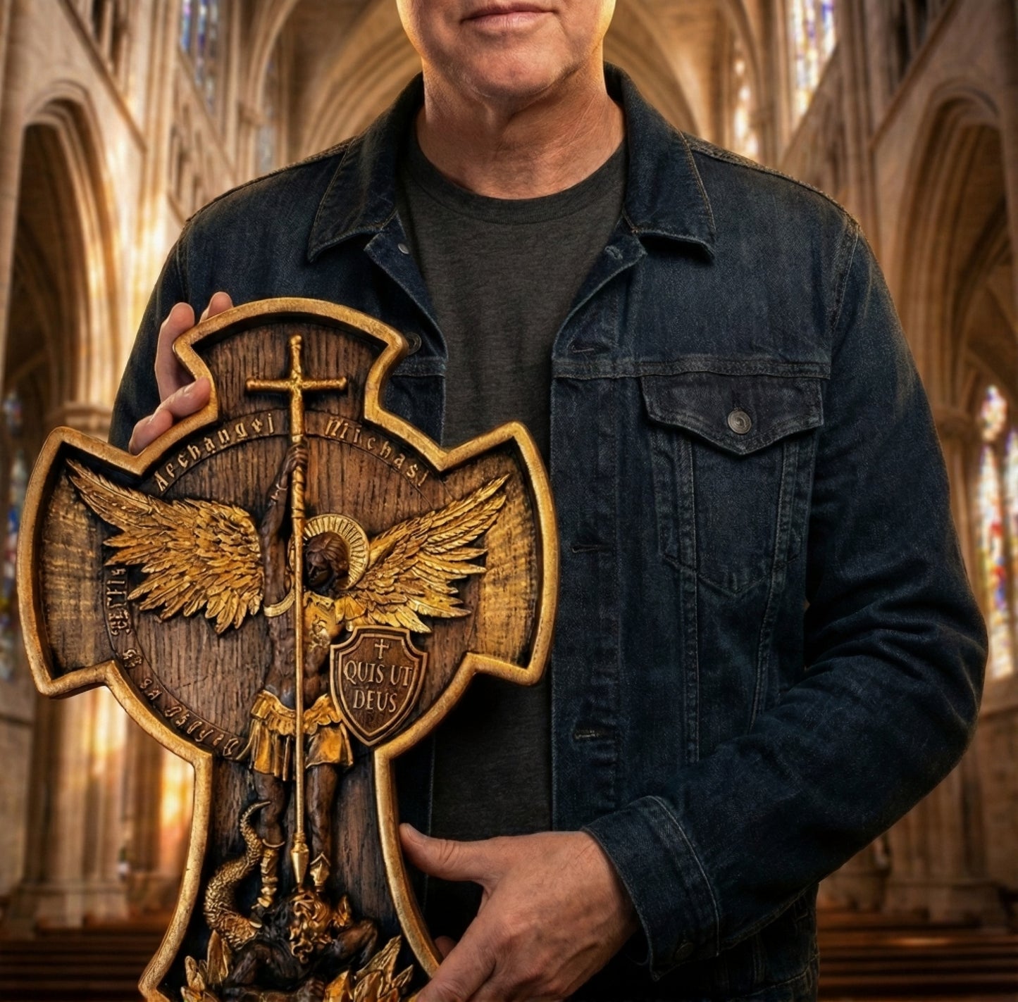 The "Defender's Cross" | St. Michael Archangel Wood-Tone Wall Plaque (9.8")