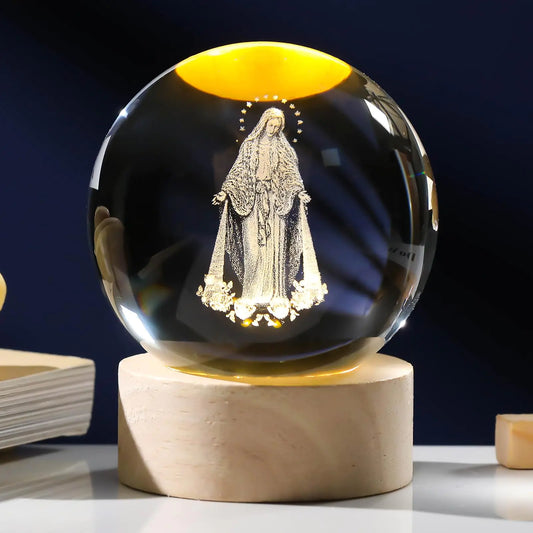 The "Miraculous Light" Crystal: Our Lady of Grace Sphere | 3D Laser-Etched Devotional with Wooden Base